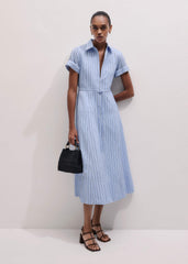 Blue Drawstring Waist Zip Neck Maxi Shirt Dress meandem
