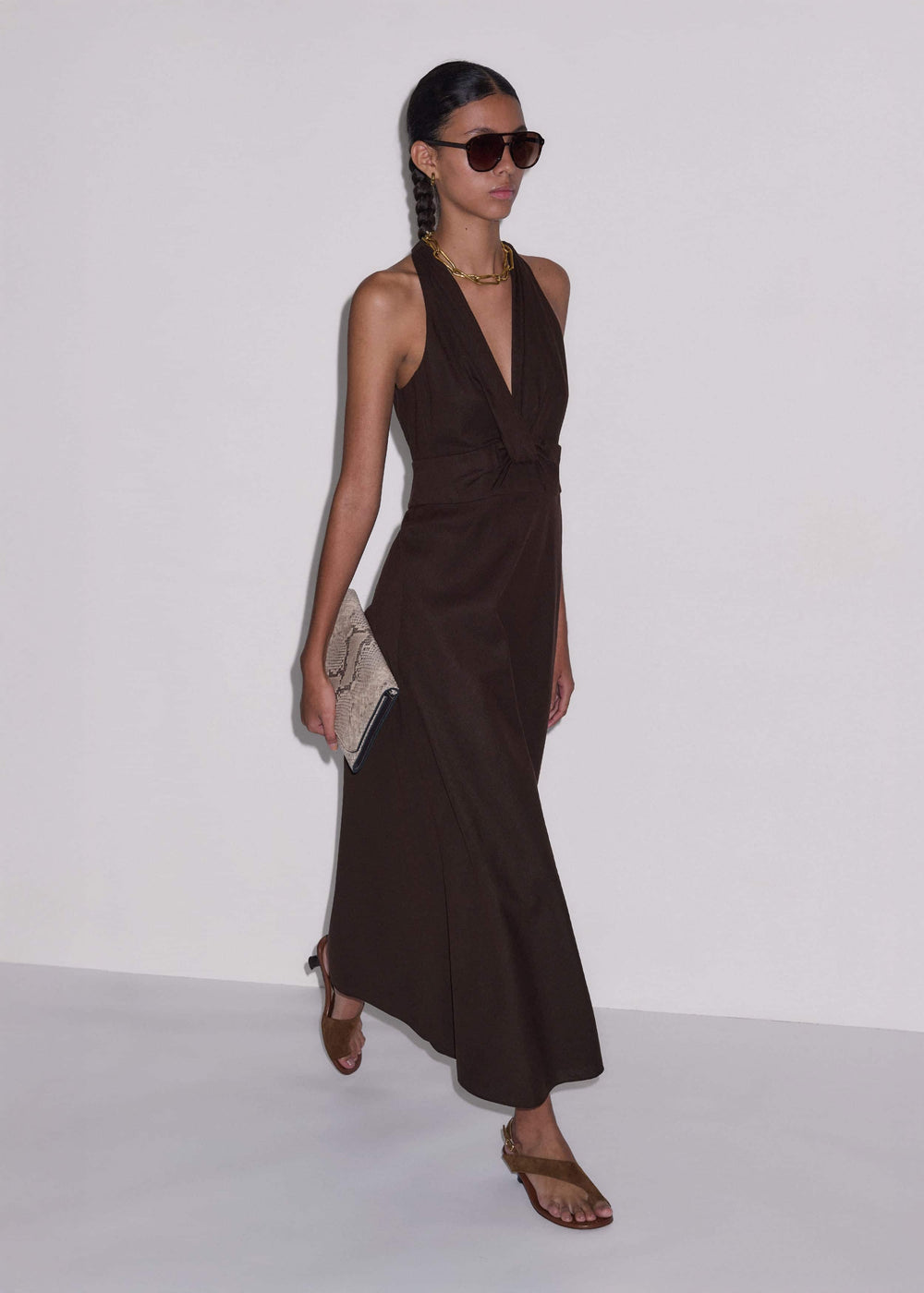 Brown Crease-Less Linen Twist Front Maxi Dress meandem