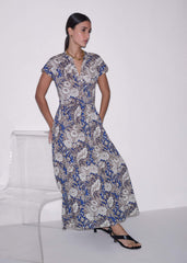 Blue Elaborate Botanical Tiered Maxi Dress meandem