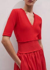 Red V-Neck Smocked Skirt Mixed Media Maxi Dress meandem
