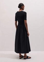 Black V-Neck Smocked Skirt Mixed Media Maxi Dress meandem
