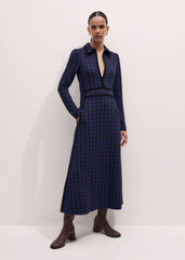 Navy Houndstooth Jacquard Ponte Zip Neck Maxi Dress meandem
