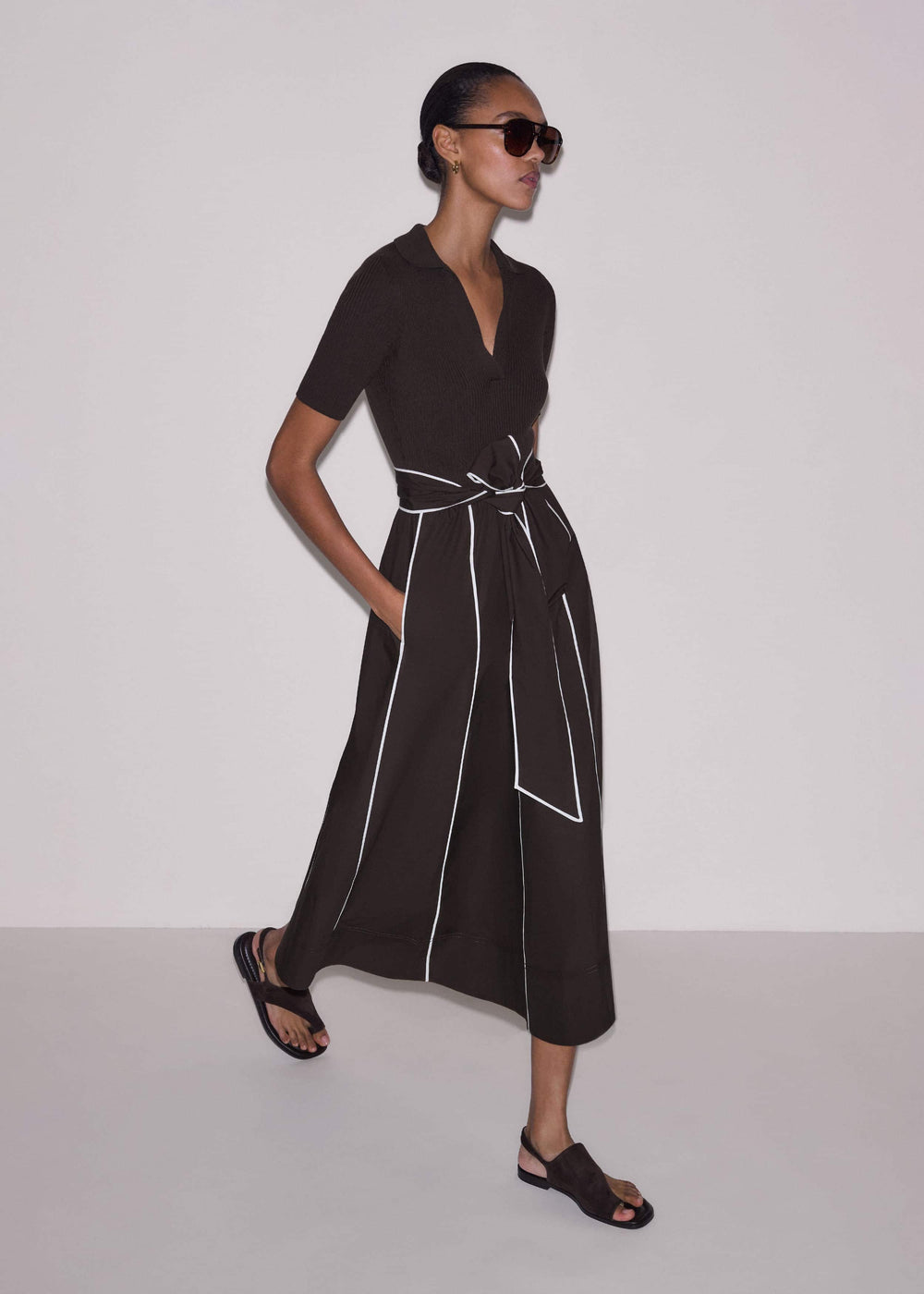 Brown Mixed Media Fit And Flare Midi Dress + Belt meandem