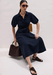 Navy Cheesecloth Intricate Detail Fit + Flare Midi Dress meandem