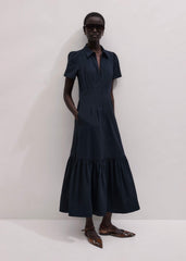Navy Cotton Seersucker Fit + Flare Midi Dress meandem