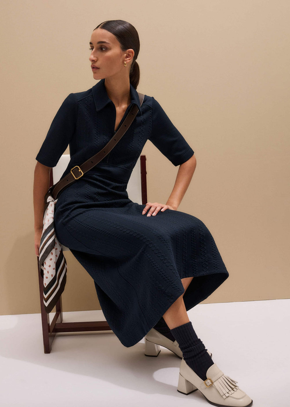Navy Cable Jacquard Half-Zip Midi Dress meandem