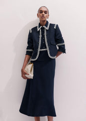 Navy Fit + Flare Fray Trim Midi Dress meandem