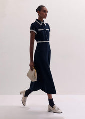 Navy Fit + Flare Fray Trim Midi Dress meandem