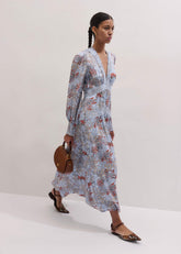 Blue Silk Delicate Paisley Print Fit + Flare Maxi Dress meandem