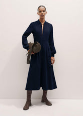 Navy Cotton Cord Pleated Midi Dress meandem