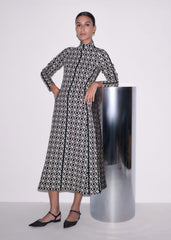 Navy Graphic Jacquard Fit and Flare Midi Dress meandem