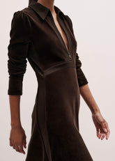Brown Ponte Collared Cord Velour AM-PM Midi Dress meandem