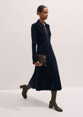 Navy Ponte Collared Cord Velour AM-PM Midi Dress meandem