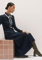 Navy Crochet Trim Fit and Flare Midi Dress meandem