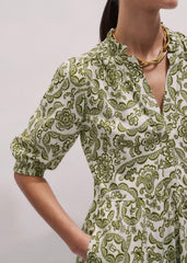 Green Entangled Lace Print Tiered Short Dress meandem