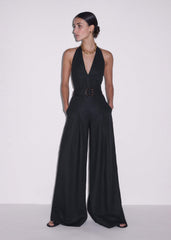 Black Crease-Less Linen Halterneck Wide Jumpsuit meandem