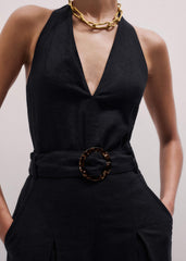 Black Crease-Less Linen Halterneck Wide Jumpsuit meandem