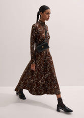 Brown Twisting Feather Print High Neck Maxi Dress meandem
