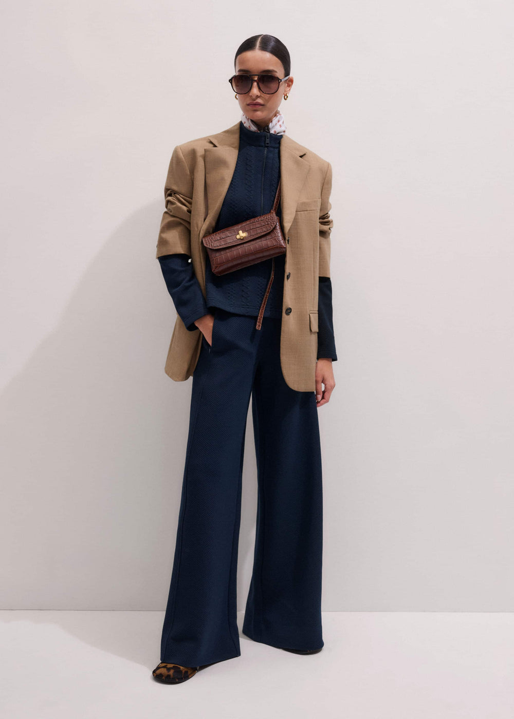 Navy Cable Jacquard Wide-Leg Pant meandem