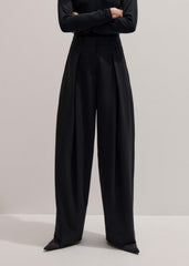 Black Wool Exaggerated Tapered Pleat Pant meandem