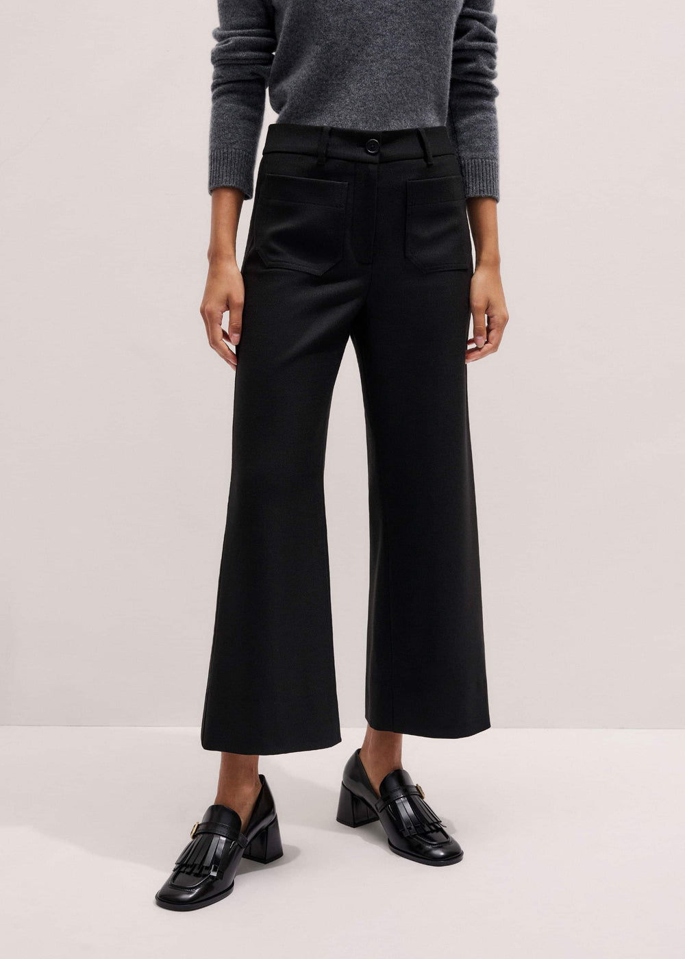 Black Stretch Twill Patch Pocket Cropped Kick-Flare Pant meandem