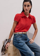 Red Cheesecloth Cap-Sleeve Blouse meandem