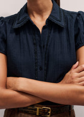Navy Cheesecloth Cap-Sleeve Blouse meandem