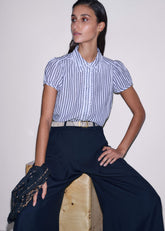 Navy Cheesecloth Stripe Cap-Sleeve Blouse meandem