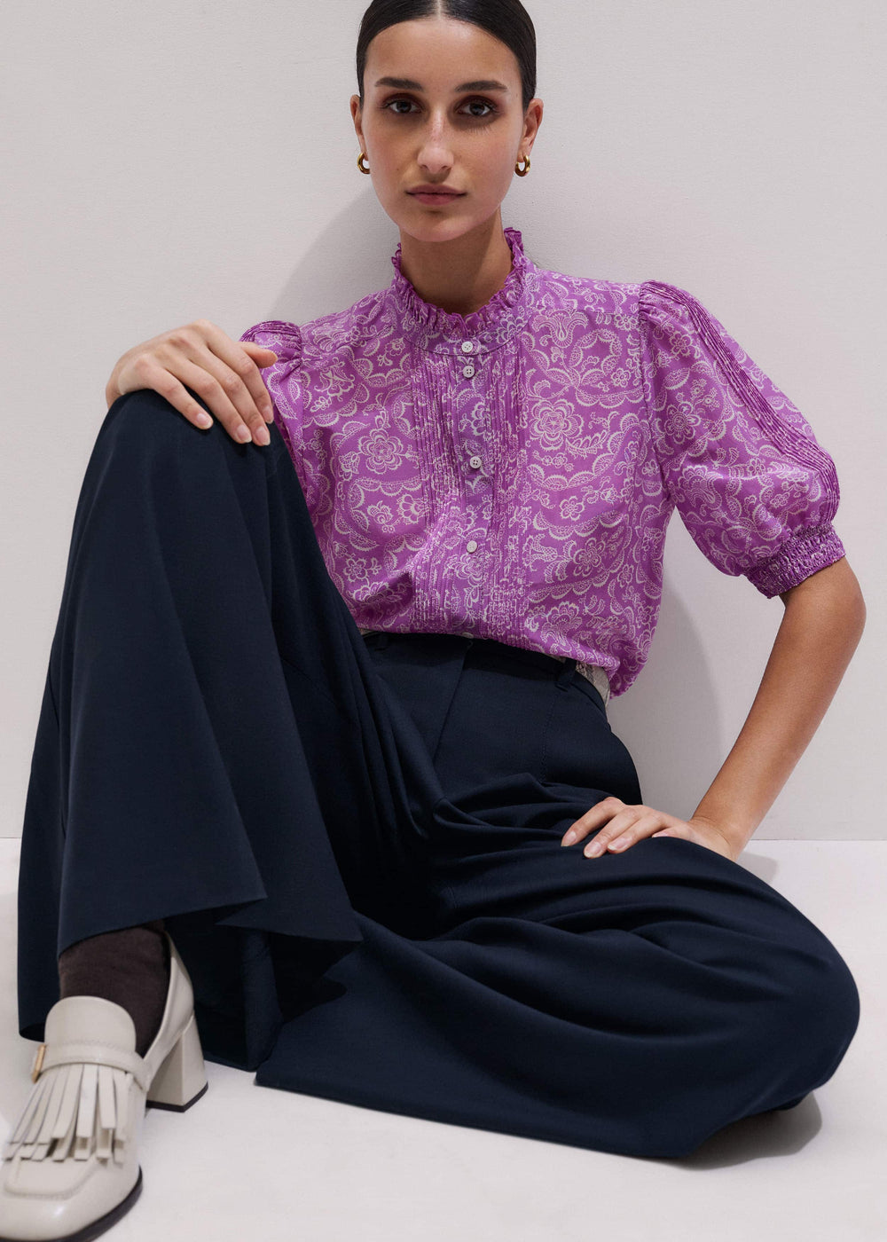 Purple Silk Cotton Entangled Lace Print Straight Blouse meandem