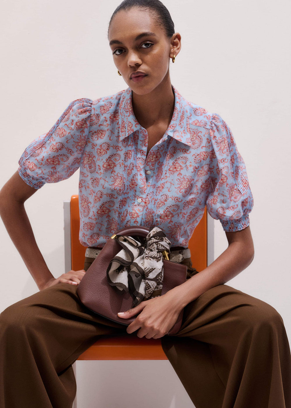Blue Silk Cotton Gilded Paisley Print Straight Blouse meandem