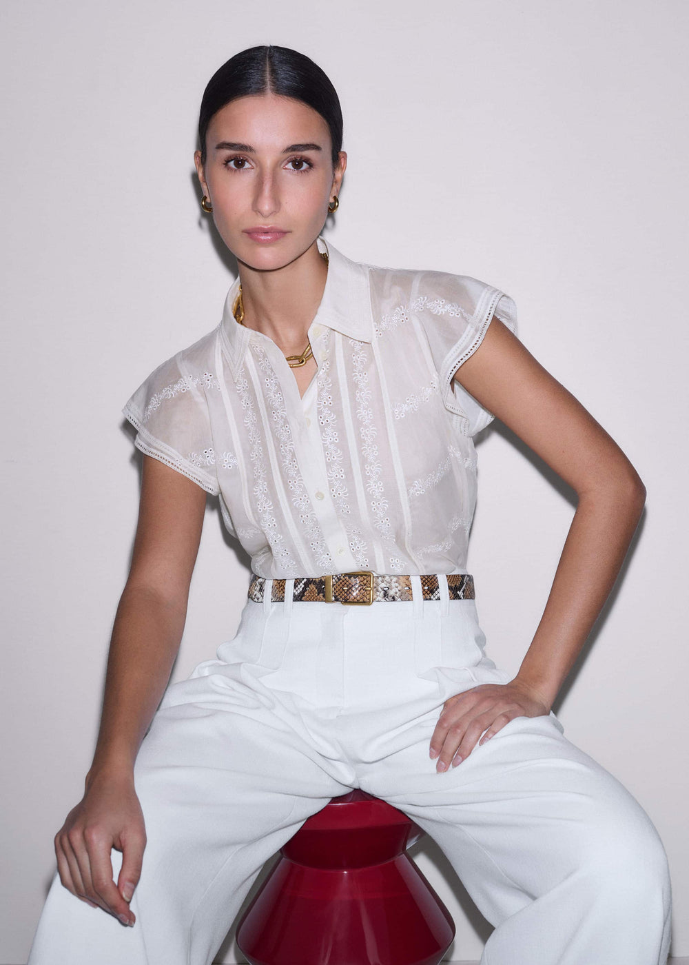 Cream Silk Cotton Embroidery Collar Swing Blouse meandem