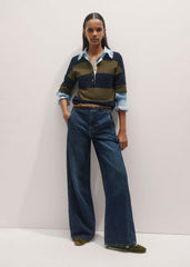 Blue Silk Cotton Lace Trim Straight Blouse meandem
