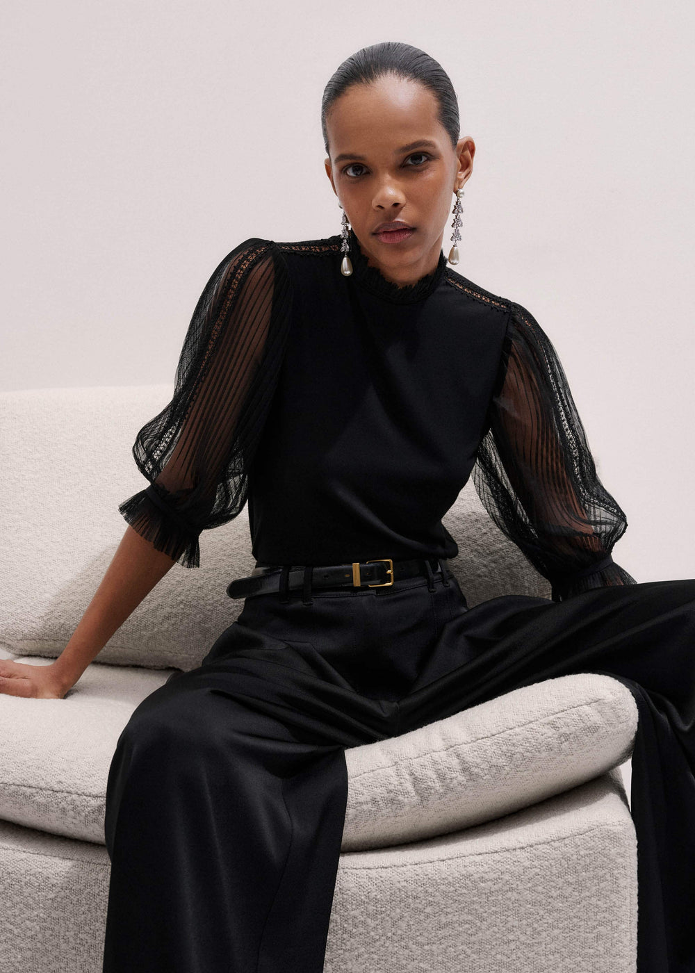 Black Lace Insert Tulle Layering Blouse meandem