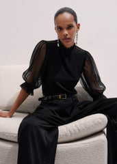 Black Lace Insert Tulle Layering Blouse meandem