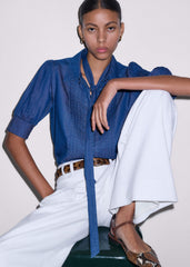 Blue Chambray Pintucked Short Sleeve Blouse + Tie meandem