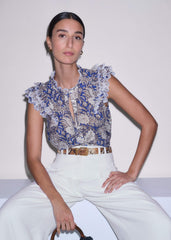 Blue Elaborate Botanical Print Ruffle Straight Blouse meandem