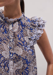 Blue Elaborate Botanical Print Ruffle Straight Blouse meandem