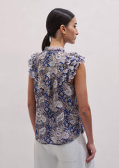 Blue Elaborate Botanical Print Ruffle Straight Blouse meandem