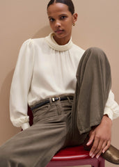 Cream Silk High Neck Slim Cut Blouse meandem