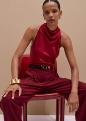 Red Silk Satin Halterneck Sleeveless Top meandem