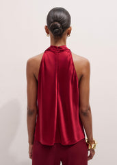 Red Silk Satin Halterneck Sleeveless Top meandem