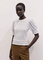 White Soft Cotton Contrast Stitch Smocked Day Top meandem