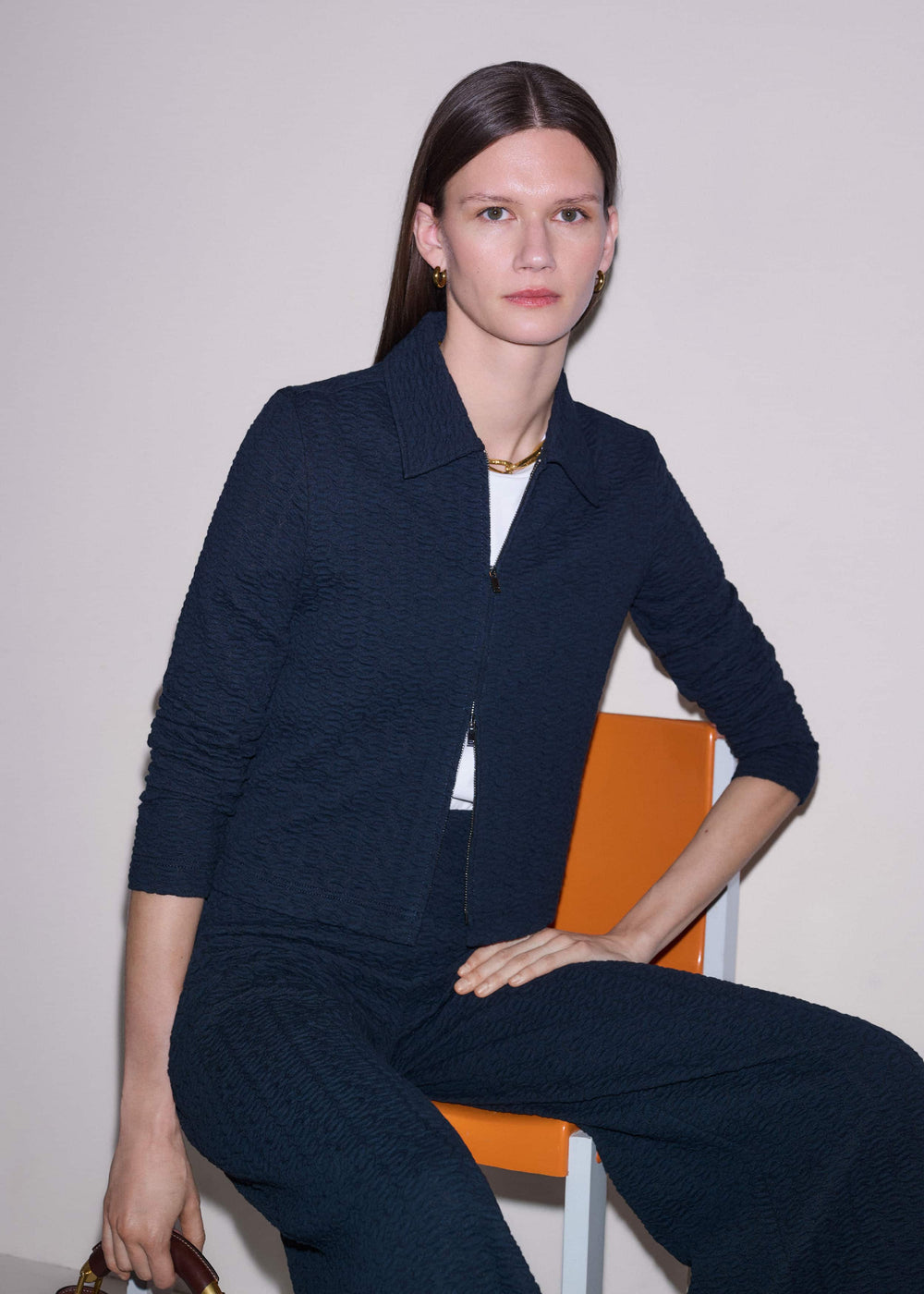Navy Curling Crosses Jacquard Textured Zip Top meandem