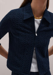 Navy Curling Crosses Jacquard Textured Zip Top meandem