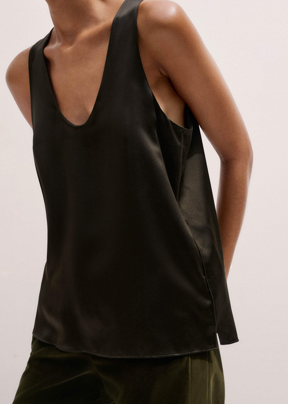 Olive Green Silk Satin Evening Tank Top meandem
