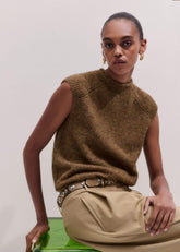 Brown Roll Trim Straight Layering Sweater Vest meandem