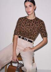 Brown Merino Cashmere Leopard Print Straight Knit Tee meandem