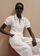 Cream Pointelle Pouf Sleeve Sporty Smart Polo Top meandem