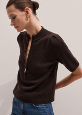 Brown Cashmere Zip Neck Pouf Sleeve Knit Tee meandem