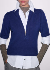Blue Cashmere Zip Neck Pouf Sleeve Knit Tee meandem